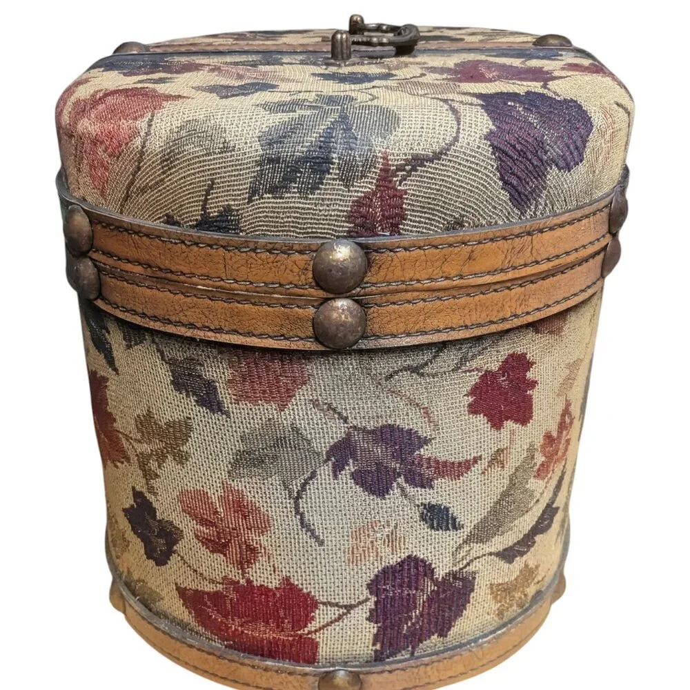 Vintage Anton Pieck Box Tapestry‎ Wood Fabric Leather Strap Bronze Fairy Decor